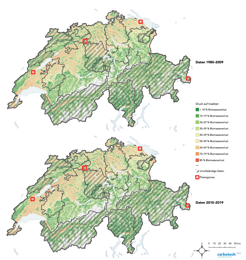 Karte der Schweiz zeigt den Druck auf die Insektenbiomasse